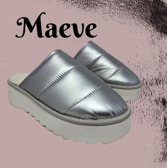 Maeve Women Puffer Platform Slippers Sz 7-8 M Silver Nylon Upper Cream Faux Fur - Picture 1 of 13